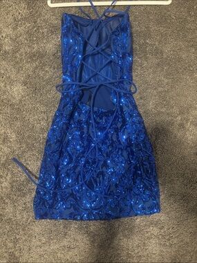 Alyce Paris Royal Blue Sequin Mini Dress Backless Lace Up Homecoming Size 8